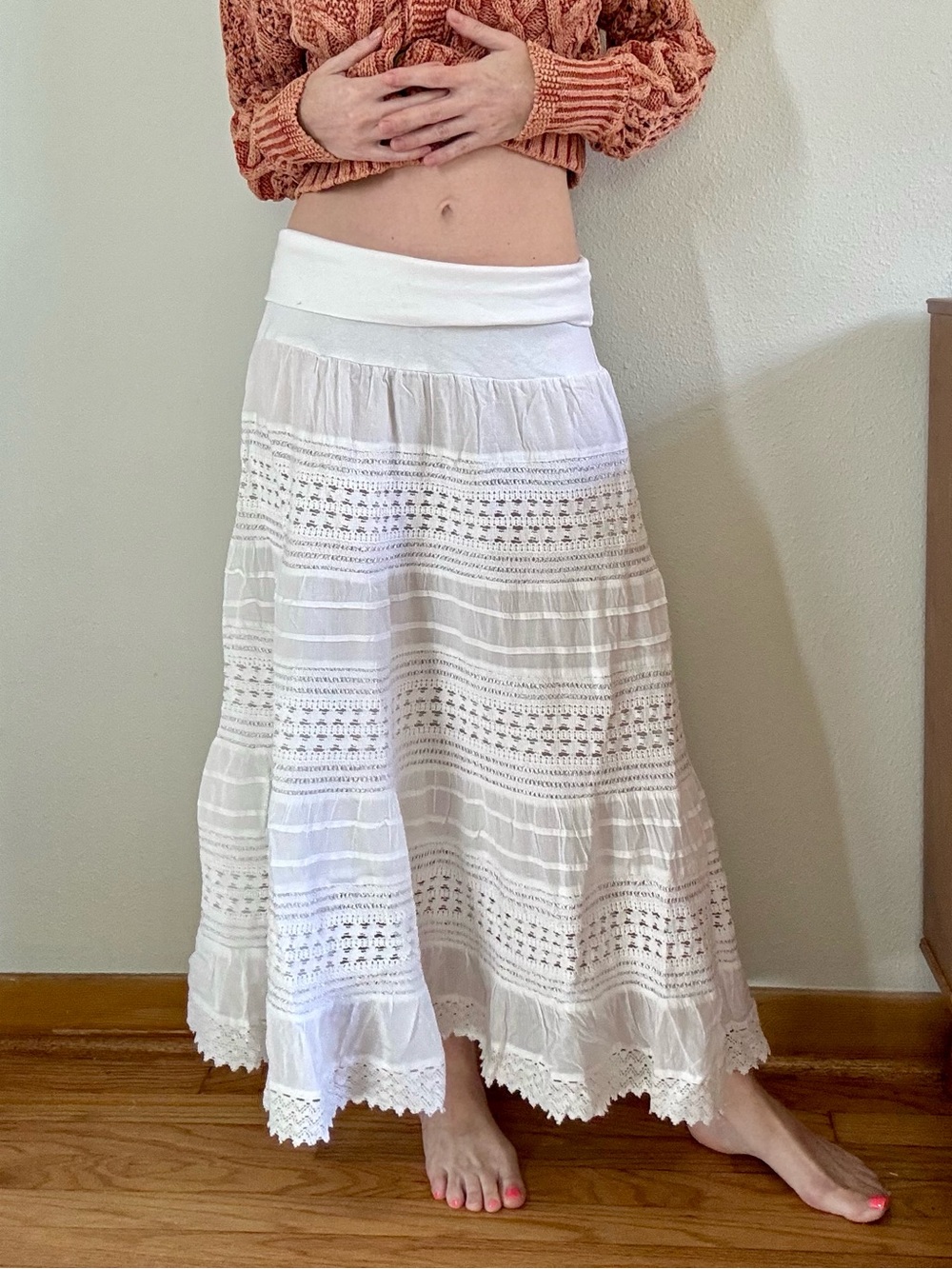 NWT Y2K White Cotton Maxi Skirt Boho Crochet Low Rise XS Tiered Foldover Waist